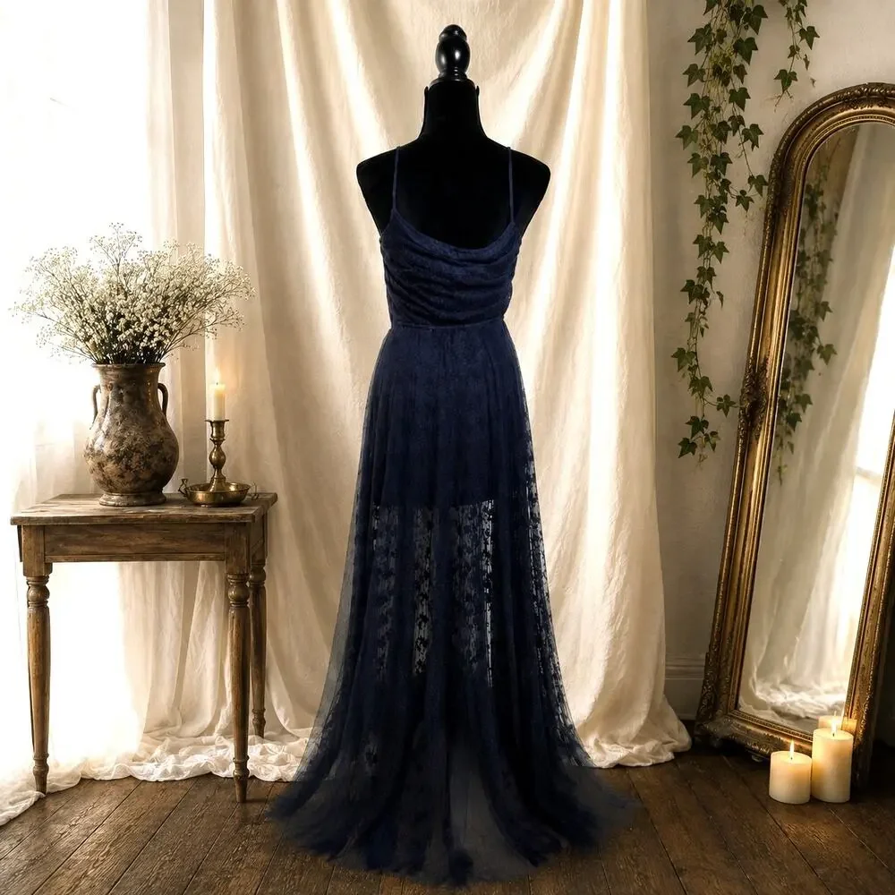 Abercrombie & Fitch Navy Blue Lace Cami Maxi Dress Size S Retro Boho Fairy